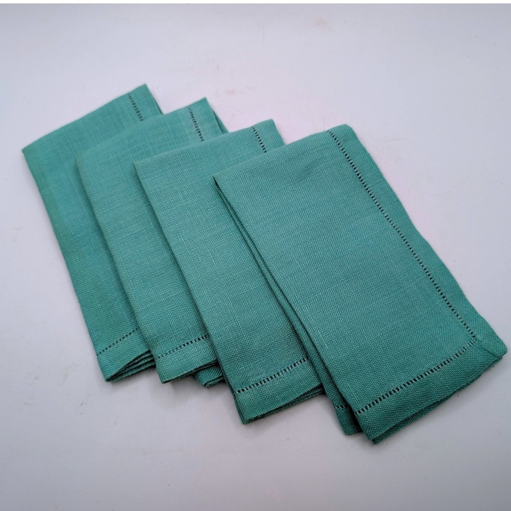 Vtg Cloth Linen Napkins Teal Seafoam Hemstitch Set 4 11x11 Retro MCM Cottagecore